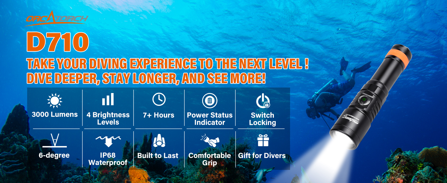 Ліхтар підводний ORCATORCH D710, 3000 люмен, IP68, 150м, з індикатором заряду
