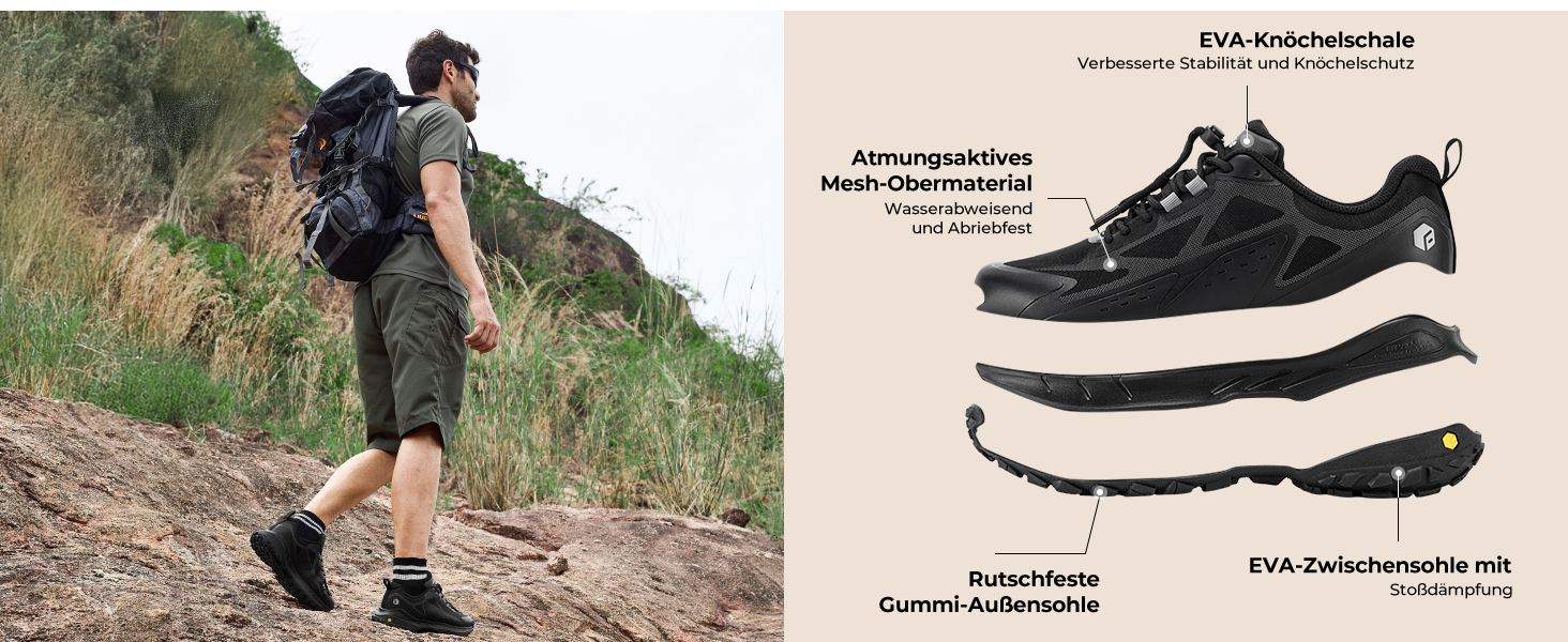 Черевики для трекінгу FitVille з широкою колодкою для чоловіків, Slip-On, Outdoor, з захистом стопи, дихаючі, для трейлу, з гнучкою застібкою, розмір 40-50, 44 EU, широка колодка, сірий колір