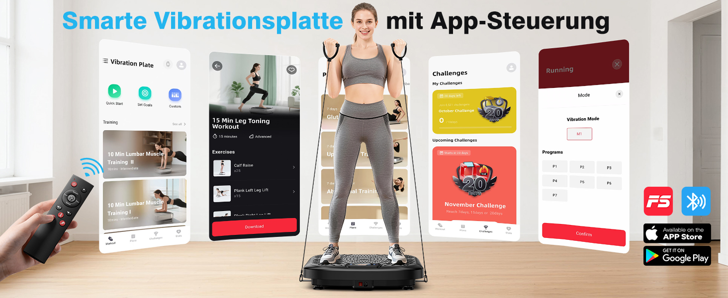 Віброплатформа з керуванням через додаток, пультом та LED-дисплеєм, до 220 кг, 199 рівнів вібрації для дому, Bluetooth, гуми для тренувань, 200W