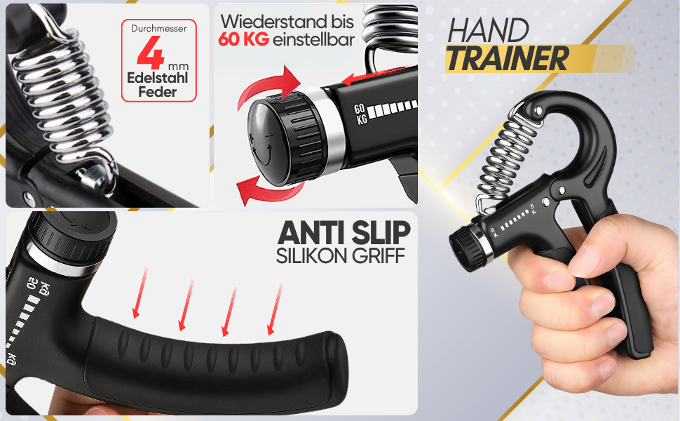 Тренування для рук та пальців Handtrainer: 3 шт. (5-60 кг) - Регульований опір, для зміцнення хвата та підсилення м'язів рук. Чорний колір