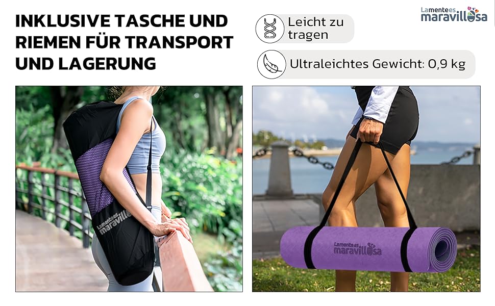 Килимок для гімнастики та йоги з неслизьким покриттям, з сумкою та E-book, 183x61 см, Мандала, фіолетовий + чорний