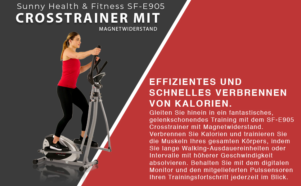 Еліптичний тренажер Sunny Health & Fitness SF-E905 для дому, магнітний, 8 рівнів навантаження, LCD-дисплей, до 100 кг