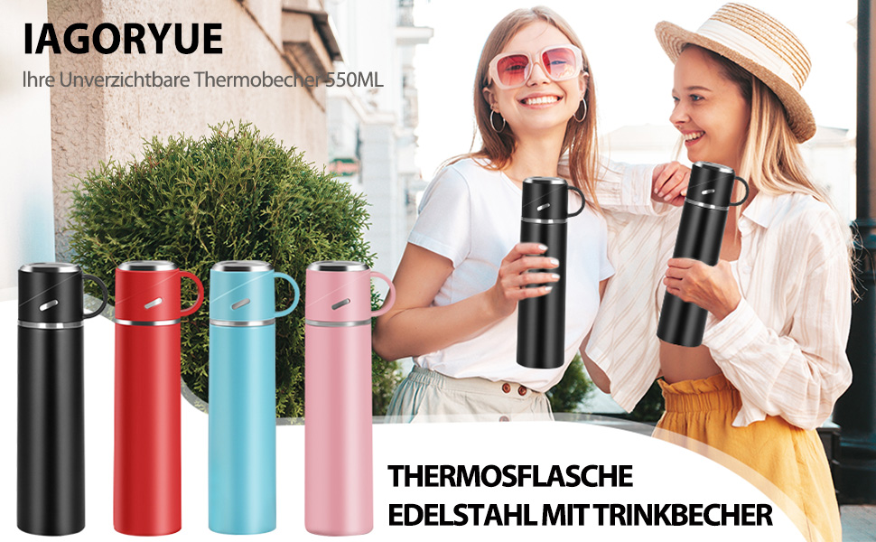 Термос IAGORYUE з нержавіючої сталі, 0.55л, з витокозахисним кришкою та ручкою, двостінний, зберігає тепло/холод до 12 годин, для спорту, офісу, відпочинку на природі, чорний