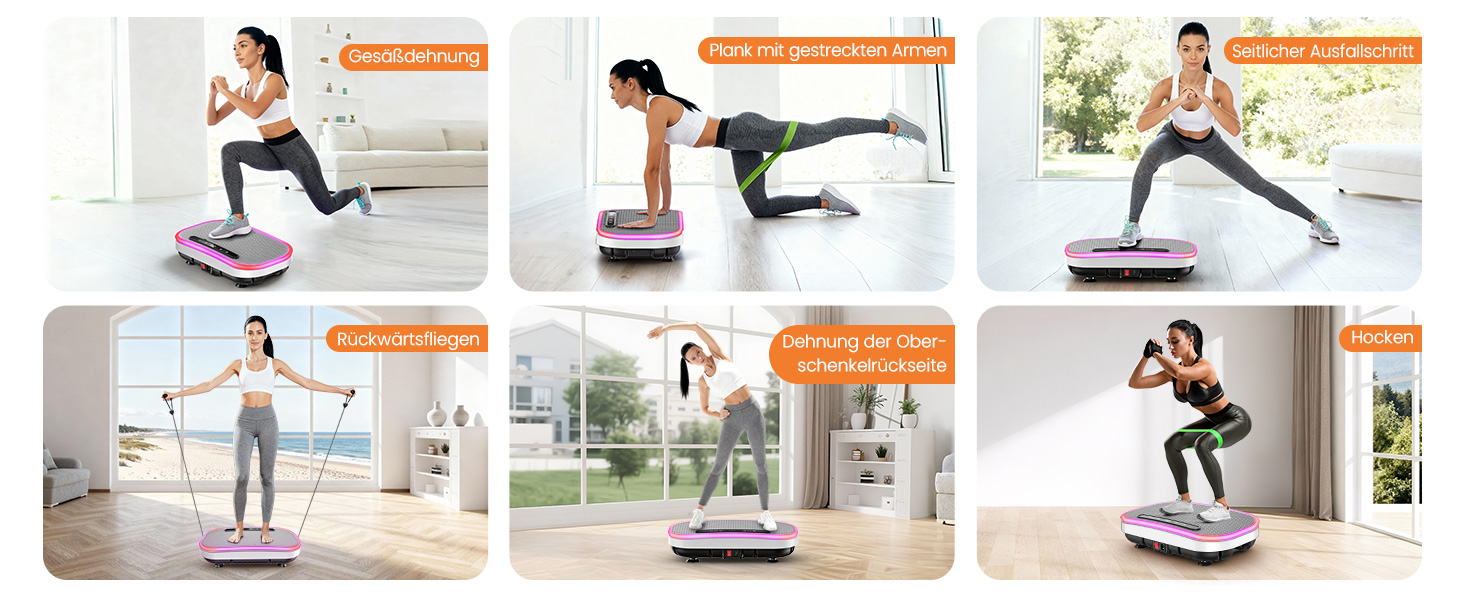 Вібраційна платформа для схуднення з еластичними гумками, 9 режимів, 120 рівнів інтенсивності, Bluetooth, LED-дисплей, місткість 150 кг, білий