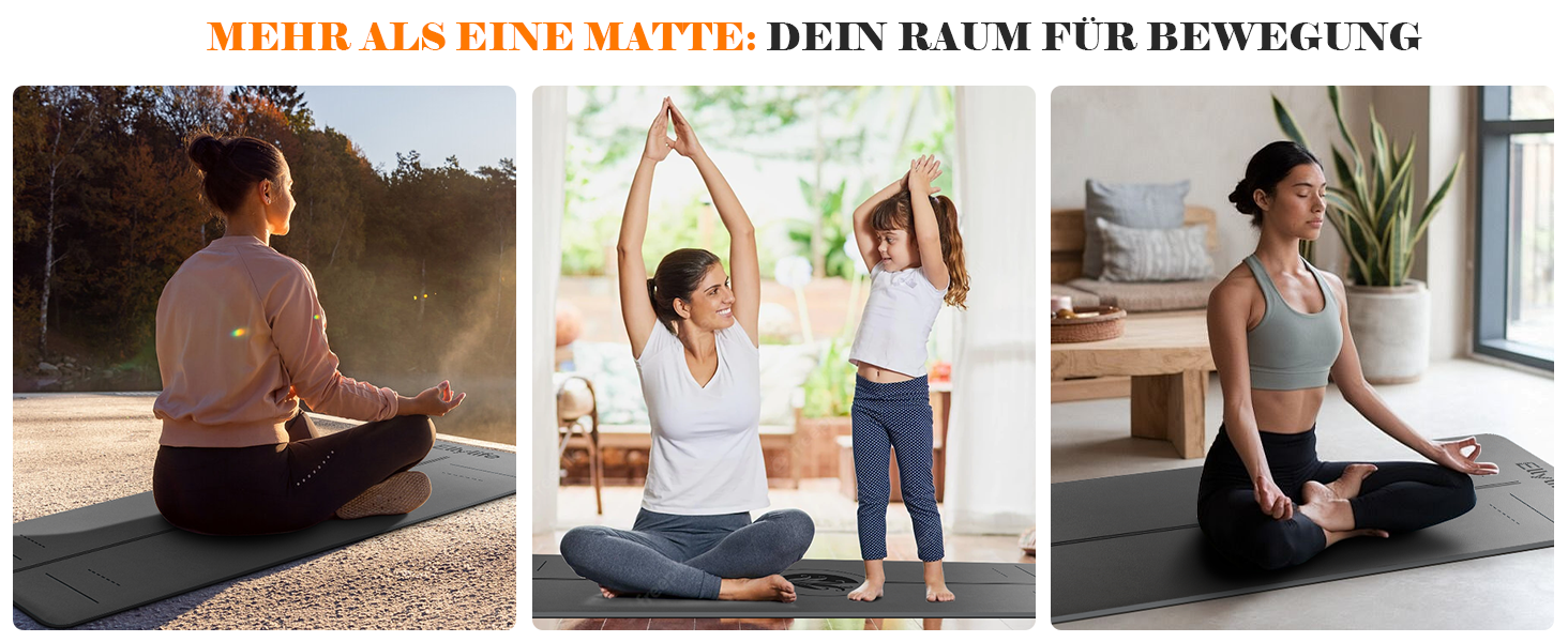 Протиковзкий килимок для йоги, пілатесу та фітнесу з еко-натурального каучуку та TPE, з лініями розмітки та ременем для перенесення, темно-сірий, 4 мм