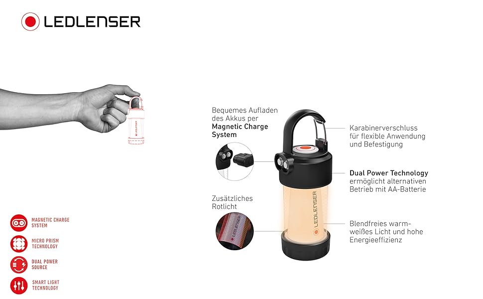 Ліхтар Ledlenser ML4 для кемпінгу та активного відпочинку, 300 люмен, 45 год, акумуляторний, з магнітним кабелем, тепле світло