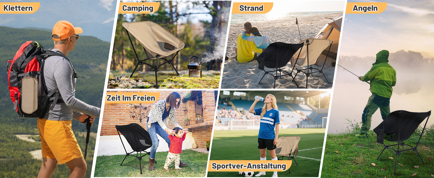 Складний туристичний стільчик для кемпінгу, Ultraleicht, регульована висота, з кишенями, компактний, для пікніків, риболовлі, саду, походів, спорту, відпочинку на природі, чорний