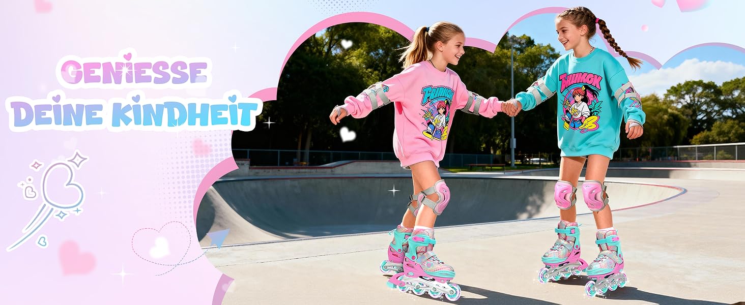 Дитячі ролики Sportneer з регульованим розміром 30-41, комплект з 6 захисними елементами, LED ролики для дівчаток та жінок, рожевий колір, розмір L (EU 38-41)