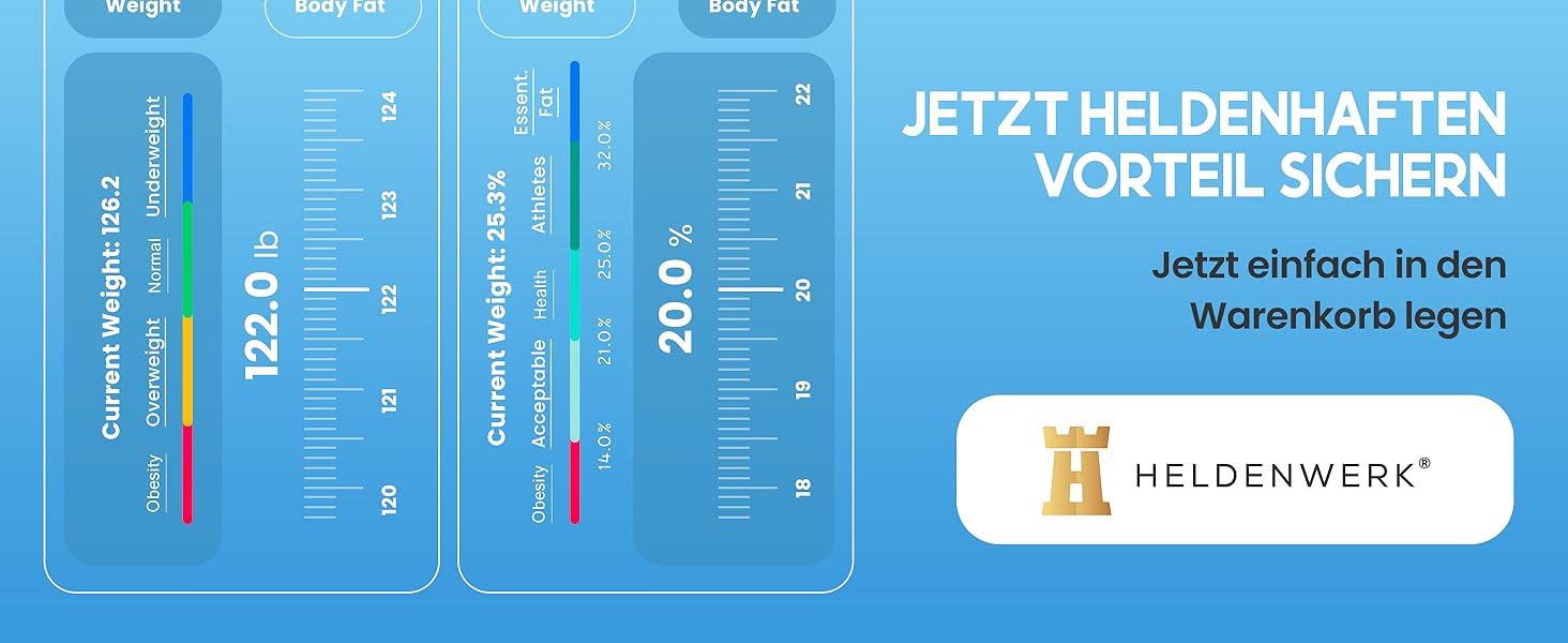 Ваги для тіла HELDENWERK з аналізом складу тіла, Bluetooth, визначення жиру, BMI, м'язової маси, протеїну, BMR, максимальне навантаження 180 кг, цифровий дисплей, темно-синій колір (Design Elegance)