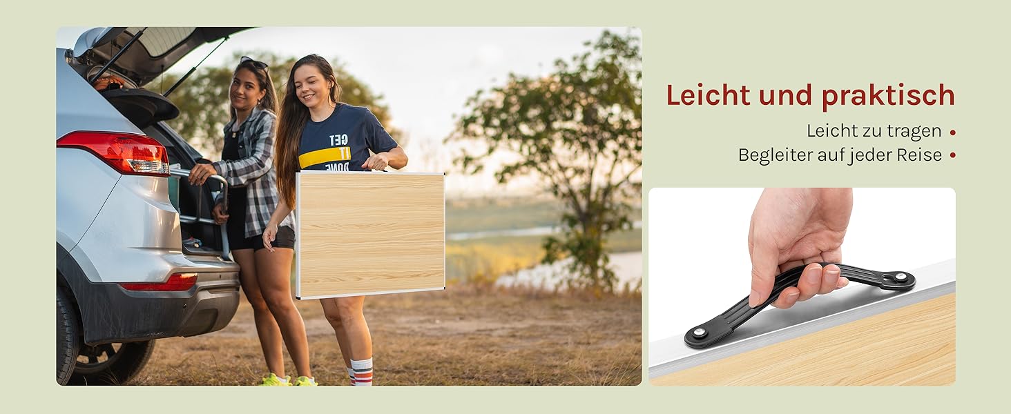 Стіл для кемпінгу, розкладний садовий, робочий, балконний від WOLTU® - регульована висота, алюміній, сталь, МДФ (світлий дуб)