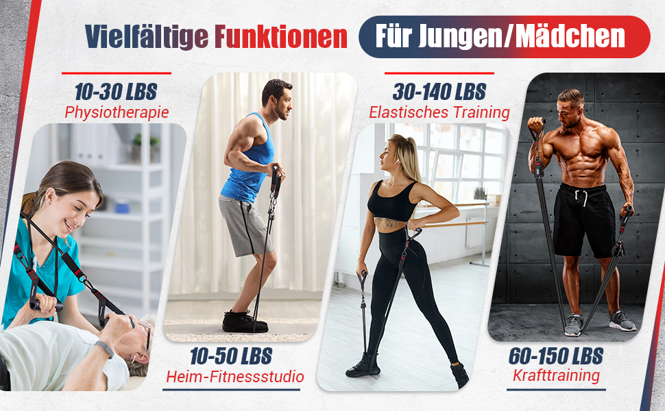 Набір еластичних стрічок для фітнесу з гумовими ручками, посібник, манжети для щиколоток, кріплення для дверей, сумка, 5 рівнів опору (150 lbs)