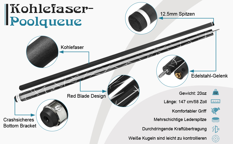 Більярдний кий з карбону, 58 дюймів, 12.5 мм наконечник, 20/21 унція, для аматорів та професіоналів