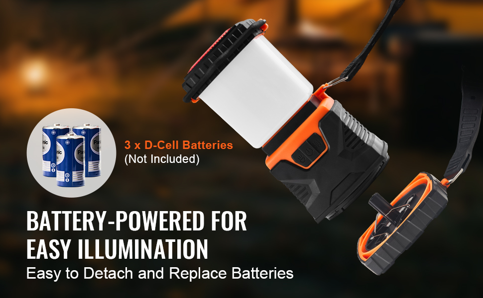 LED кемпінговий ліхтар VEVOR, 1000 лм, 360° освітлення, 4 режими, на батарейках, для туризму, риболовлі, надзвичайних ситуацій та ремонту