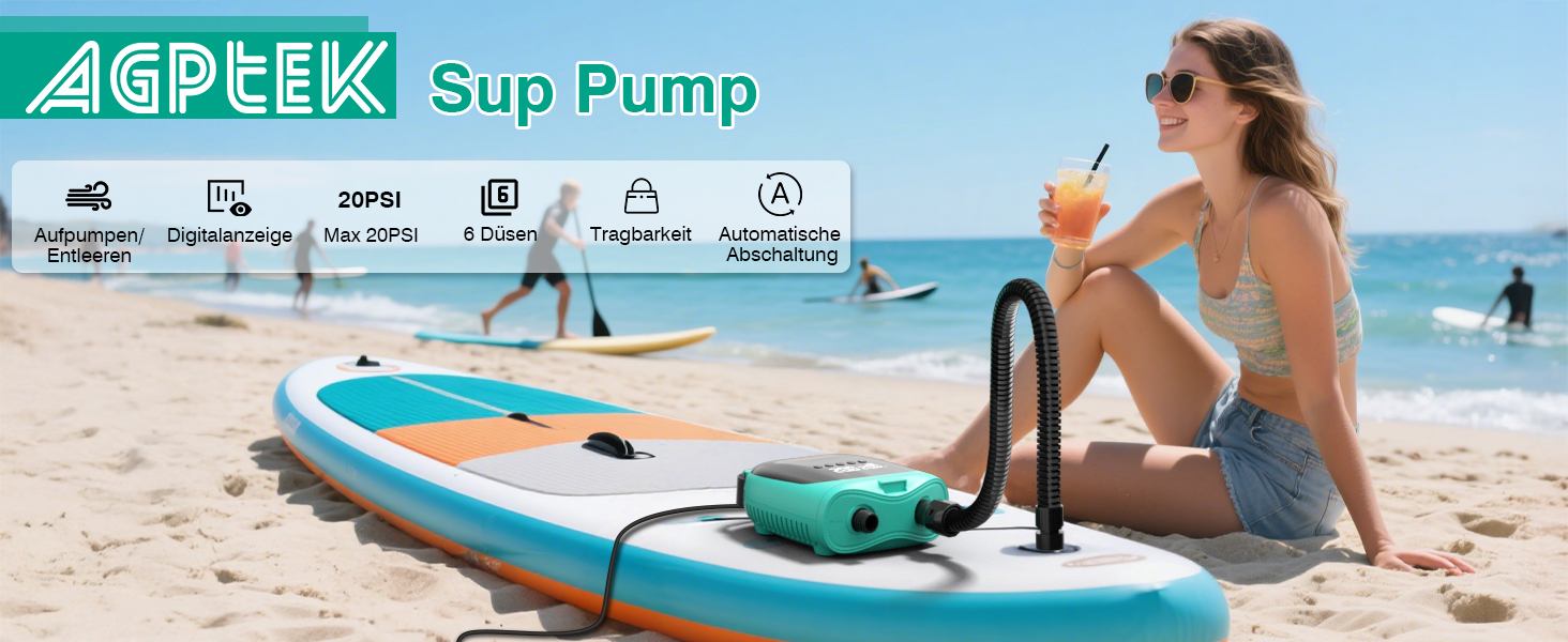 Електричний насос для SUP AGPTEK 20 PSI: автоматичне вимкнення, 12V, для надування та здування SUP-дошок