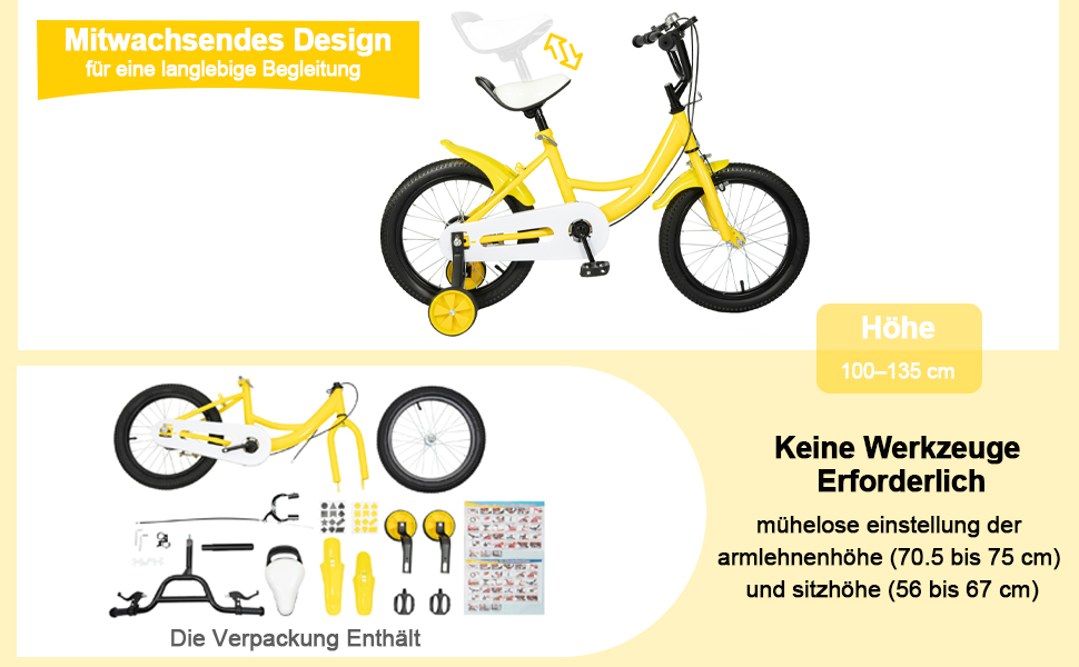 Дитяче велосипед 16 дюймів для хлопчиків та дівчаток, з регульованою висотою та знімними бічними колесами, для дітей 5-8 років (жовтий)