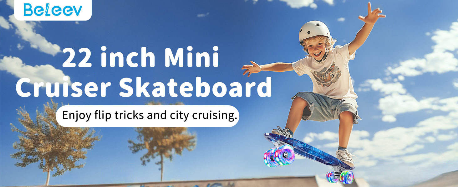 Скейтборд BELEEV 22 дюйми Mini Cruiser з LED колесами та T-Tool, для дітей, підлітків, дорослих, Galaxy Blue