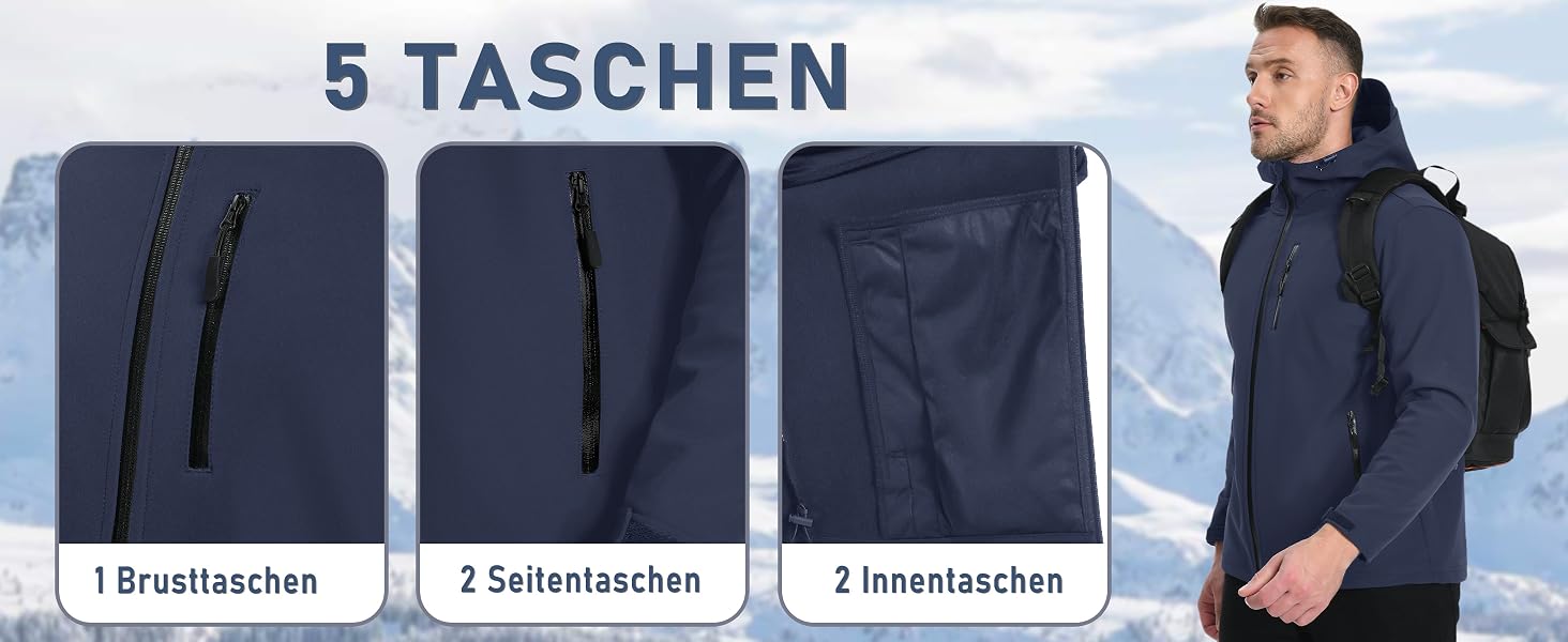 Чоловіча куртка Softshell TACVASEN: водонепроникна outdoor куртка з флісовою підкладкою, вітрозахисна та дихаюча куртка-вітровка з капюшоном для роботи, велосипеда та походів, L, чорна