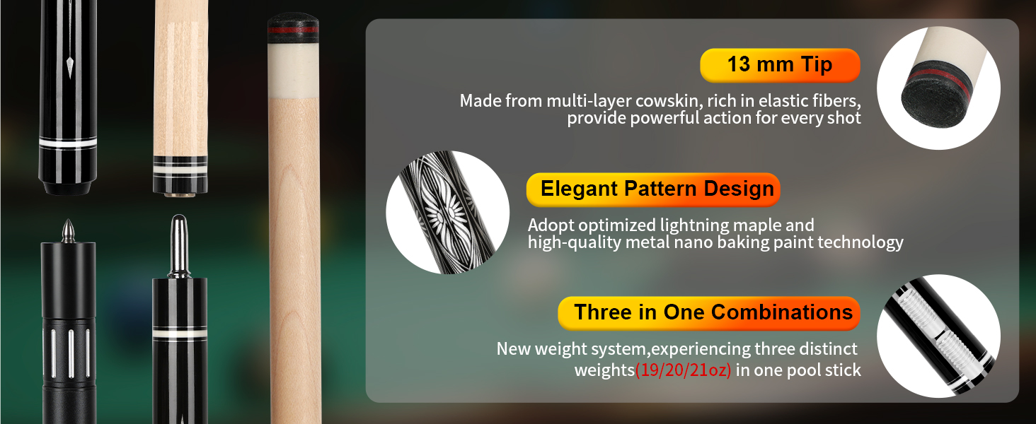 AKLOT Більярдний кий 3-в-1, 58 дюймів, з канадського клена, 19 oz. З набором ваги для 20 oz та 21 oz, з чохлом. Без подовжувача.