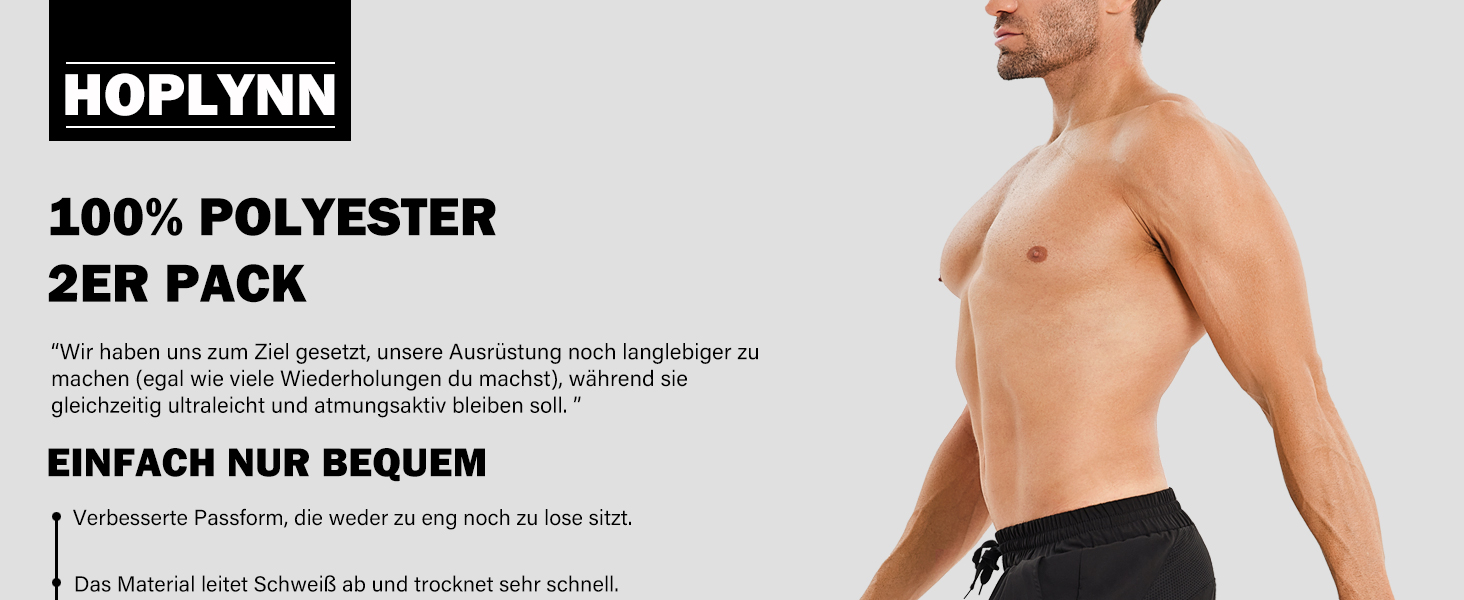 Шорти спортивні чоловічі HOPLYNN 2 шт. з кишенею на блискавці, швидковисихаючі, чорні