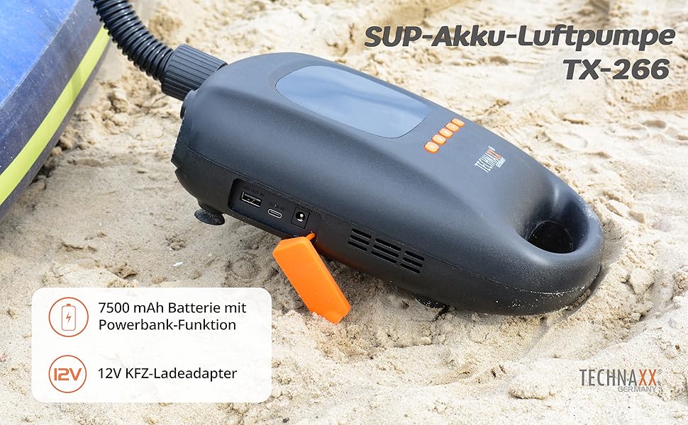 Технакс SUP-насос акумуляторний з Powerbank TX-266 7500 mAh, автоматичний вимкнення, 2 LED, USB-C, 12V, для надувних водних видів спорту
