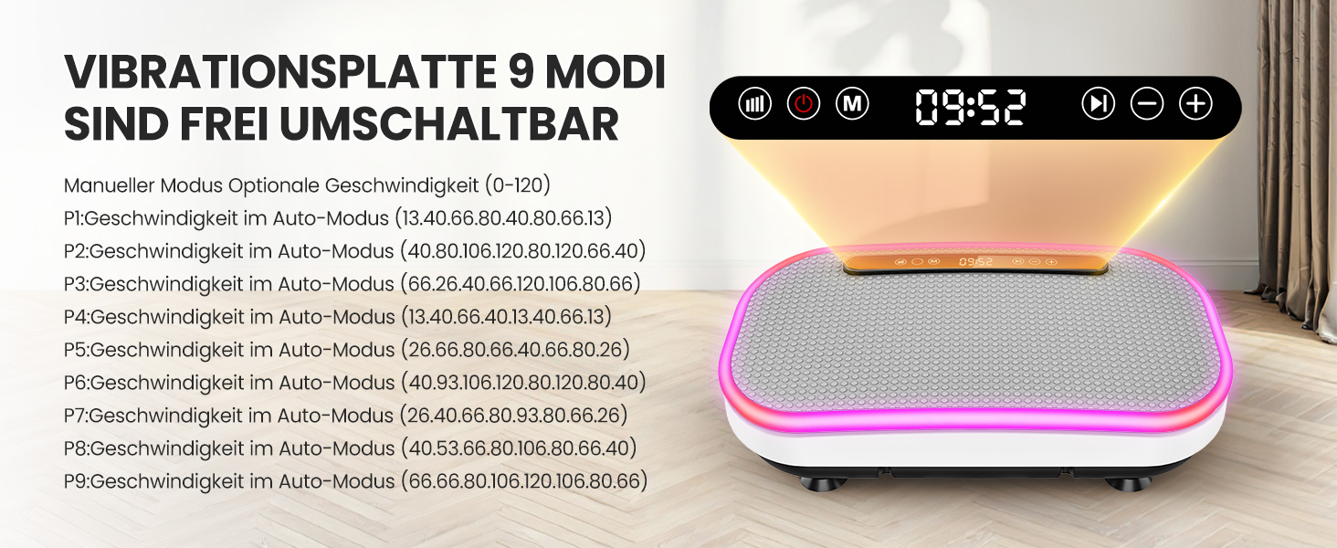 Вібраційна платформа для схуднення з еластичними гумками, 9 режимів, 120 рівнів інтенсивності, Bluetooth, LED-дисплей, місткість 150 кг, білий