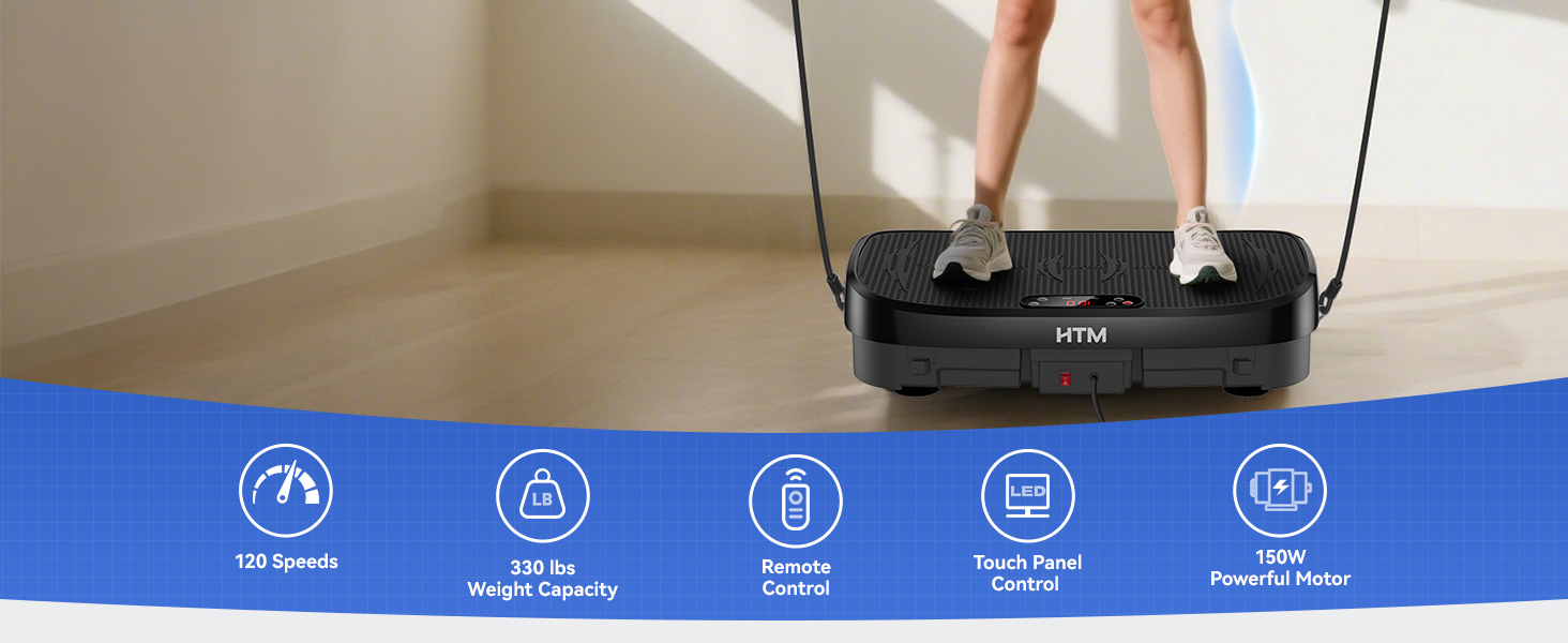 Віброплатформа для фітнесу HTM: вигнута платформа для всього тіла, 150 Вт, 120 рівнів швидкості, з еластичними стрічками та пультом керування, витримує до 150 кг
