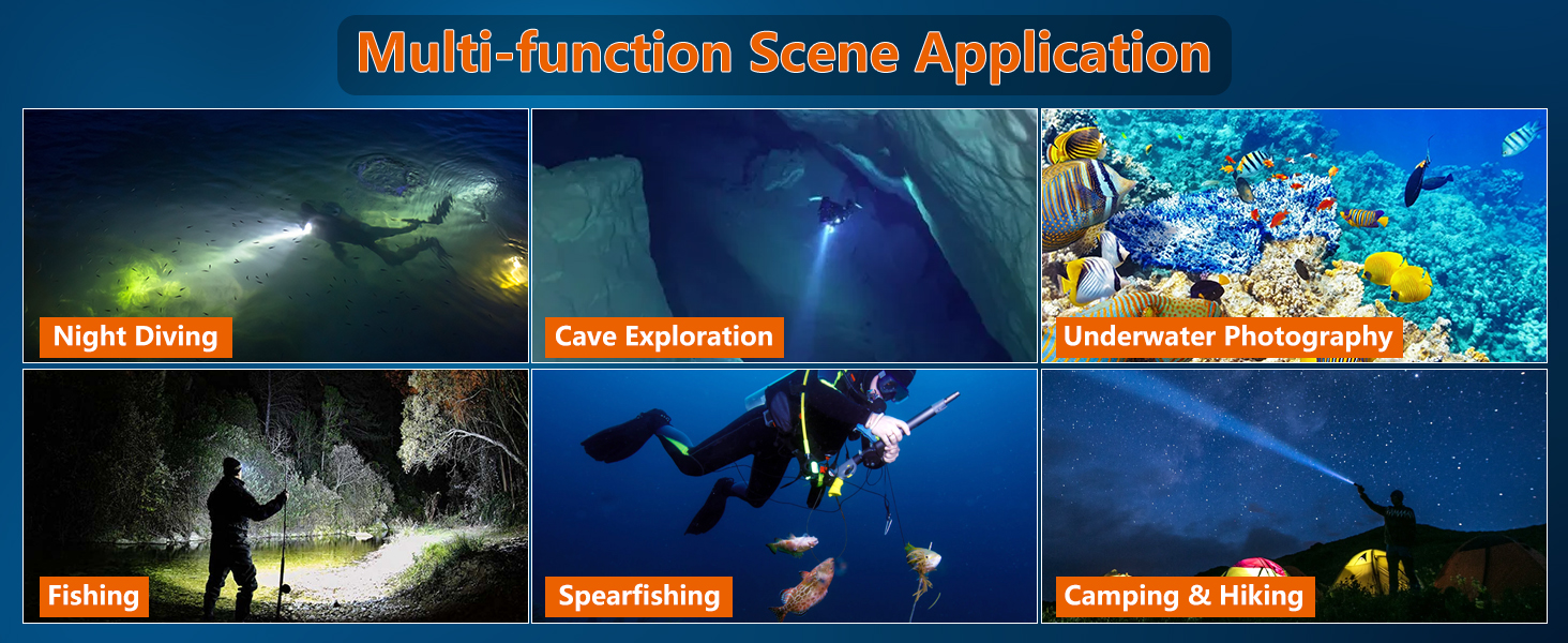 Ліхтар підводний ORCATORCH ZD710MK2 LED з регулюванням фокусу, 1500 люмен, 4 режими, 2-в-1 (прожектор та світло, що розливається), IP68, водонепроникність до 150м, акумулятор для дайвінгу, кемпінгу