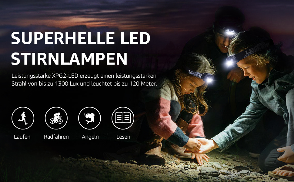 Лепро налобний ліхтар, 2 шт., надпотужний LED ліхтар з 6 режимами освітлення, водонепроникний, на батарейках, для їзди на велосипеді, бігу, кемпінгу, для дітей та дорослих, чорний