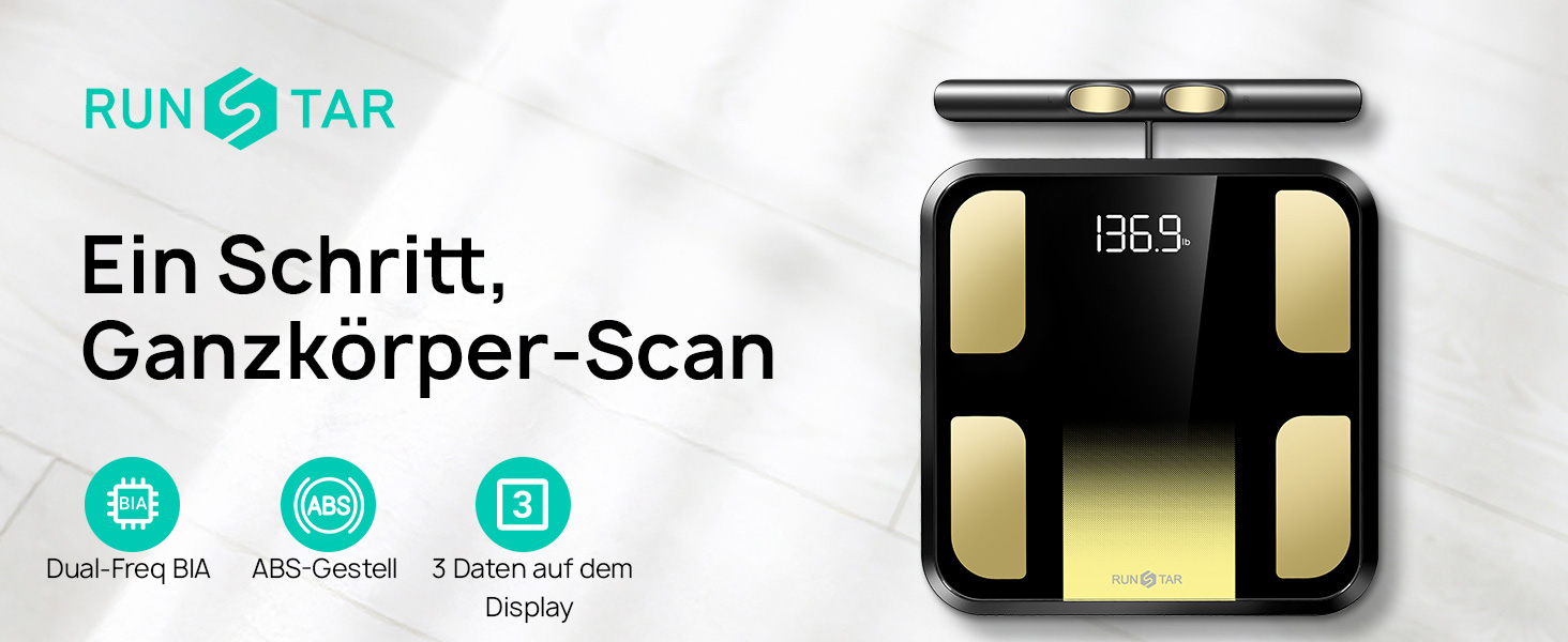 Вага RunSTAR для вимірювання жиру в тілі, персональна вага з 8 електродами, вимірювання ваги, жиру, BMI, м'язової маси та 28 параметрів тіла, додаток, 3 показники, 180 кг, чорний колір