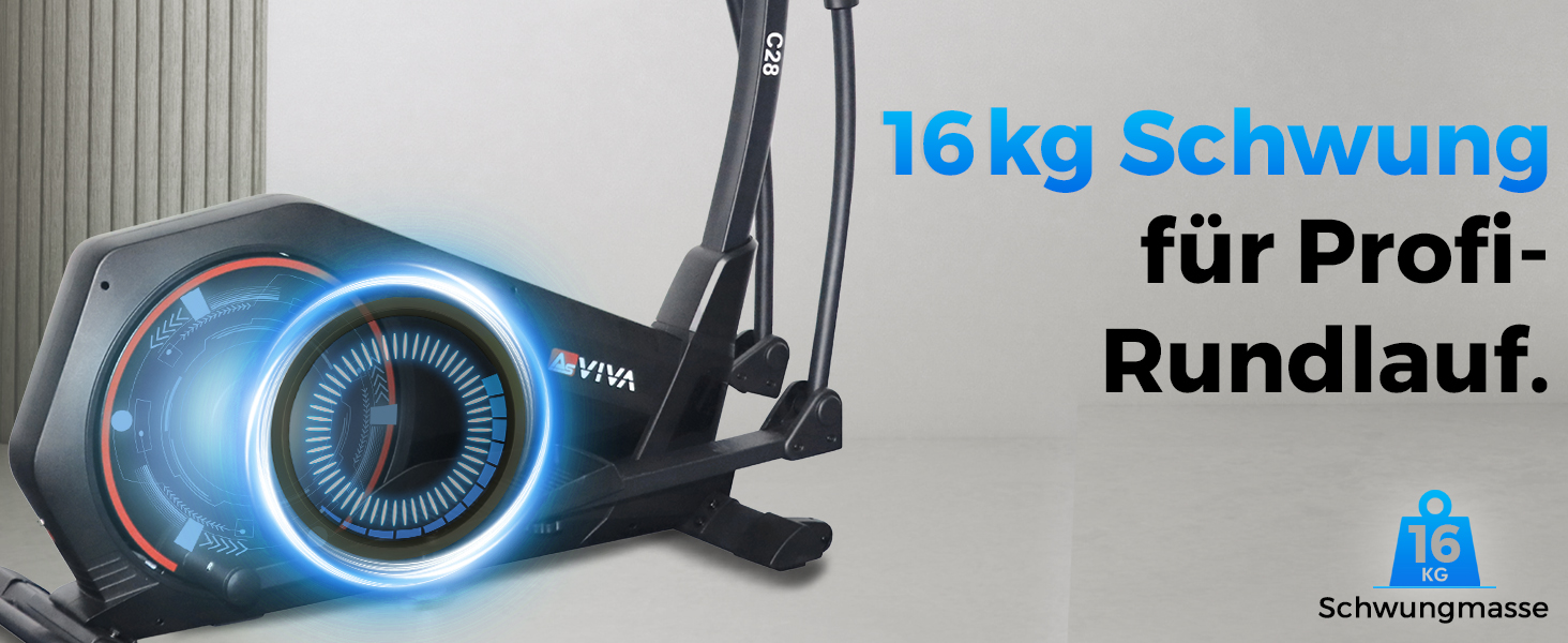 Еліптичний тренажер AsVIVA C28 Pro - 16 кг маховик, тихий ремінний привід, електричне регулювання опору, фітнес-комп'ютер, транспортні ролики