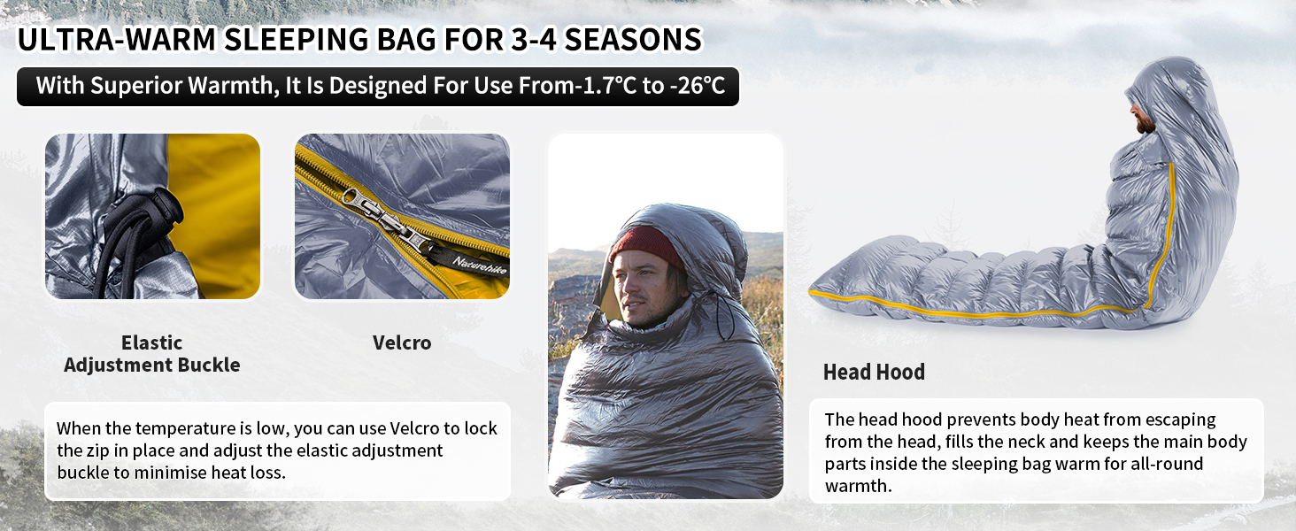 Спальний мішок Naturehike 750FP, 4 сезони, теплий зимовий, ультралегкий, для кемпінгу (CW700/Сірий/L)