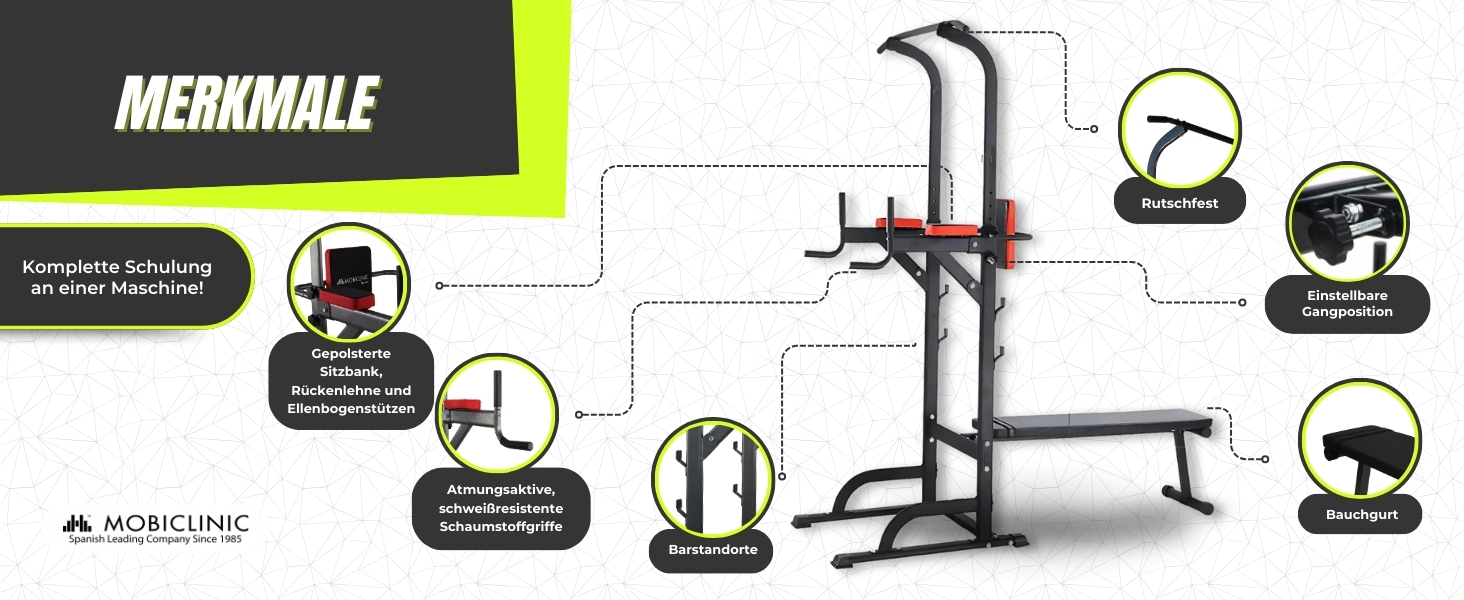 Мультифункціональна силова станція Mobiclinic Fitness 9 в 1, складана, з турніком, лавкою для жиму, регульована по висоті, протиковзка, м'яка оббивка