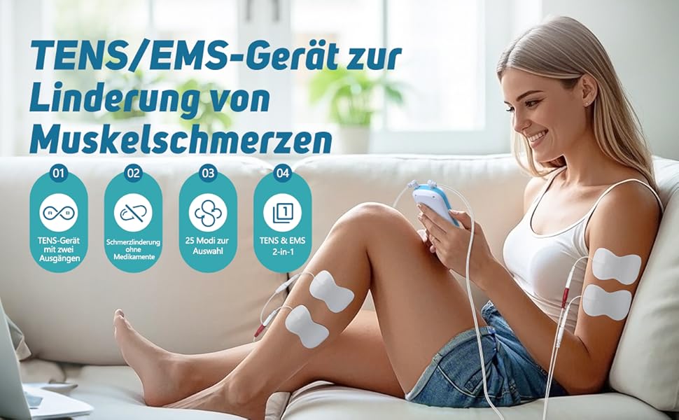 Пристрій TENS для терапії болю, EMS, 2 канали, 25 режимів, 50 рівнів інтенсивності, 10 електродів (синій)