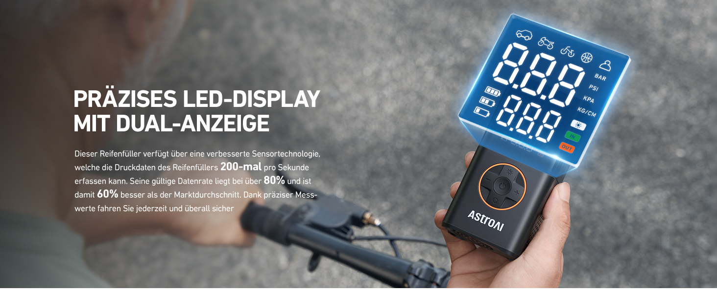 AstroAI Бездротова електрична повітряна помпа, портативна акумуляторна помпа для велосипеда з LED-ліхтариком, для велосипеда, електробіка, авто, мотоцикла, м'ячів (чорний)