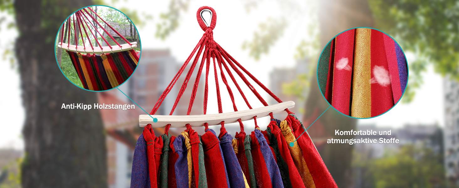 Гамак для відпочинку MOSFiATA на відкритому повітрі: кемпінг, балкон, сад. З дерев'яною перекладиною та сумкою. Червоний