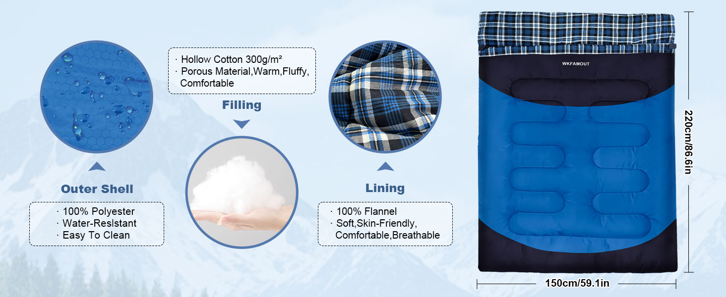 Спальний мішок для двох дорослих, 220x150 см, водонепроникний, зимовий, блакитний, фланель, з сумкою для зберігання
