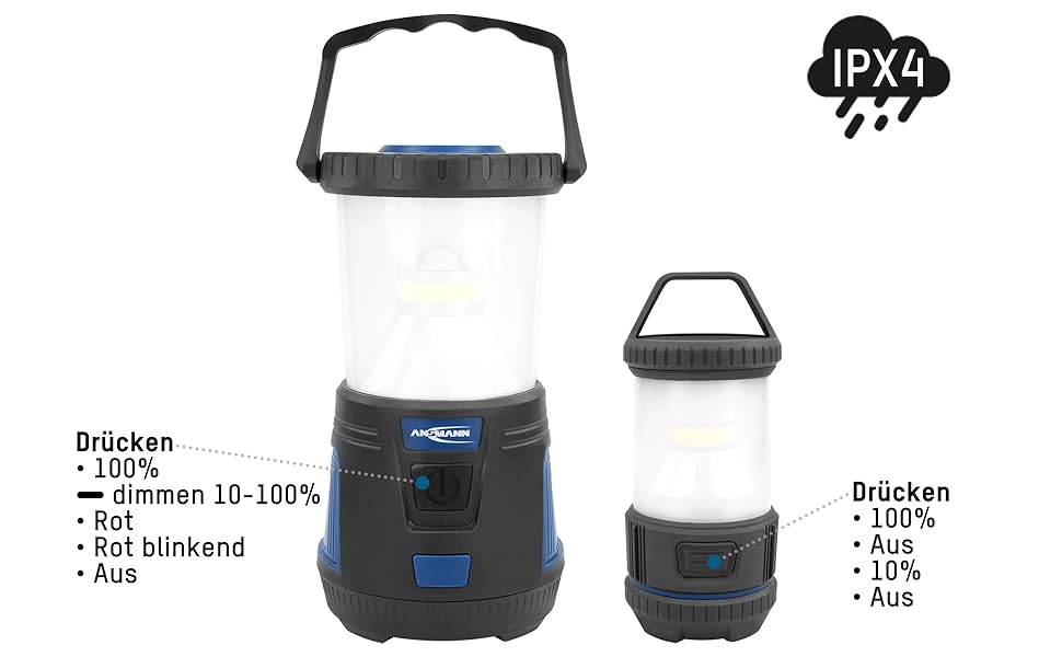 Ліхтар кемпінговий LED ANSMANN CL600B: 600 люмен, 360° світло, регулювання яскравості, водонепроникність IPX4, 3 режими (білий, червоний, червоний блимає), на батарейках