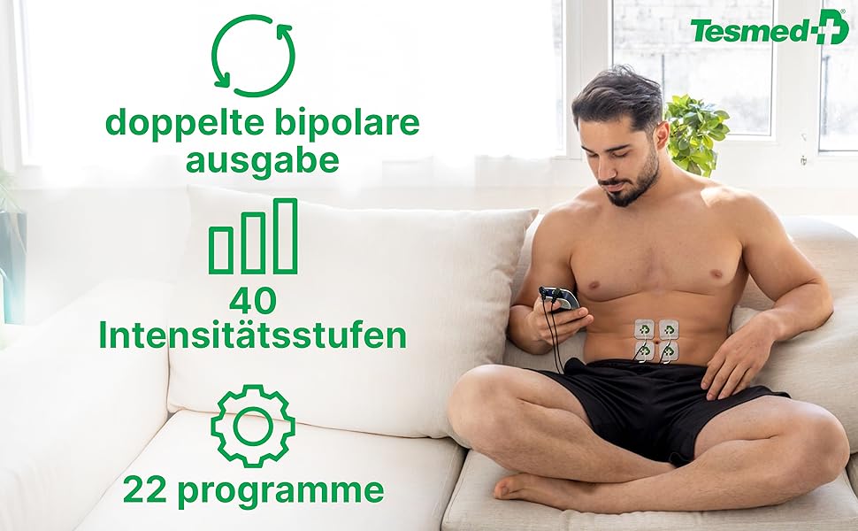 Електростимулятор TESMED Fit для EMS, TENS, масажу (3 в 1): 22 програми, 6 регульовані, для зняття болю та стимуляції м'язів живота, сідниць та грудей (Fit 5.4 з 4 електродами)