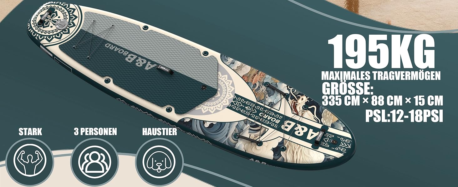 Надувний SUP-борд A&BBOARD з аксесуарами, 335x88 см, для підлітків та дорослих (зелений + дракон)