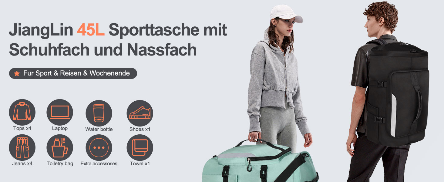 Спортивна сумка JiangLin 45L з відділенням для взуття та мокрих речей, велика дорожня сумка для жінок та чоловіків, рюкзак-трансформер для подорожей, спорту, фітнесу, плавання (зелена)