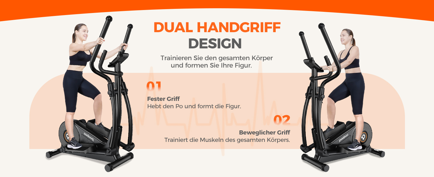 Еліптичний тренажер Pooboo 07-Basic Black з магнітною системою, LCD-монітором та кроком 15,5 дюймів. Витримує вагу до 158 кг, 16 рівнів навантаження.