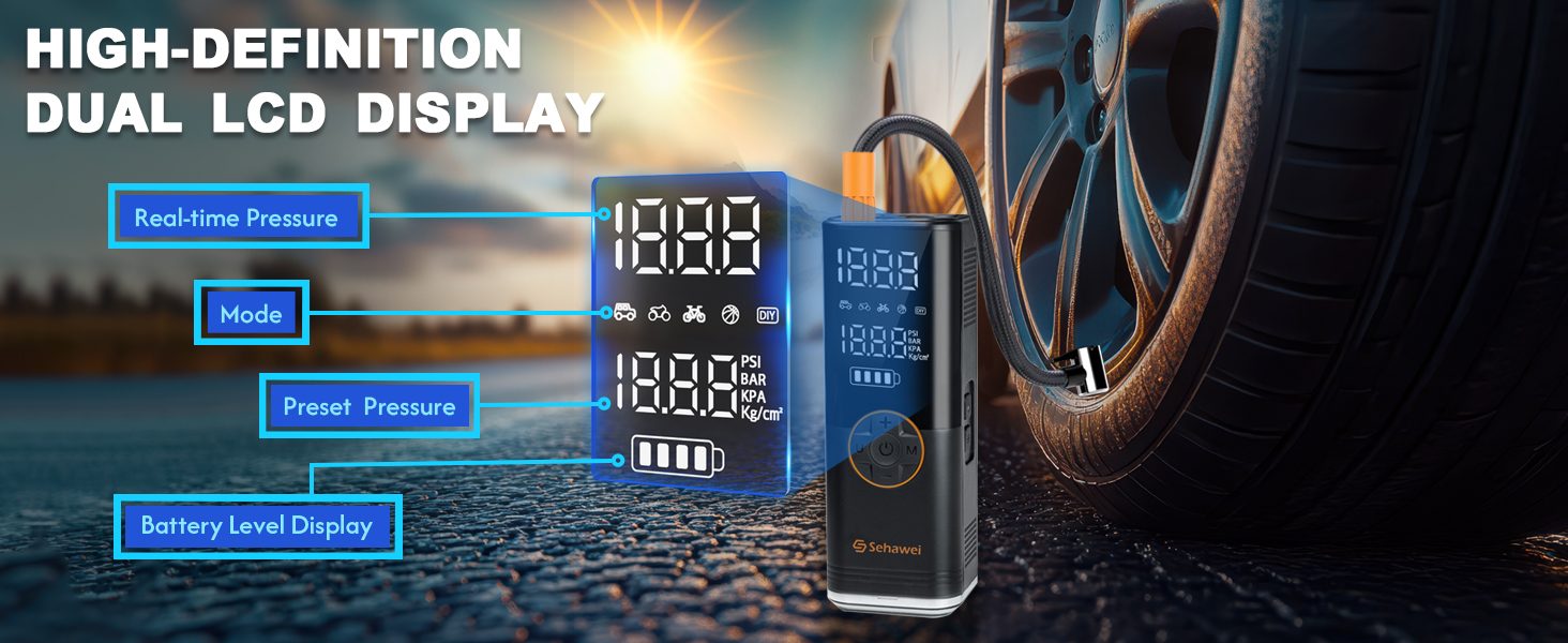 Електричний насос із акумулятором 20000 мА·год, компресор 150 PSI з подвійним LCD-екраном для накачування шин велосипеда, мотоцикла та авто