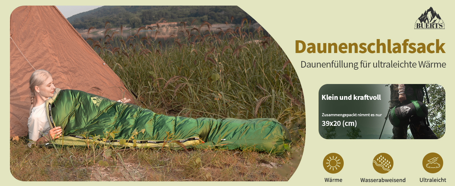Спальний мішок BUERTS Daunen Summer 620FP, компактний, для дорослих та підлітків, 16°C, зелений