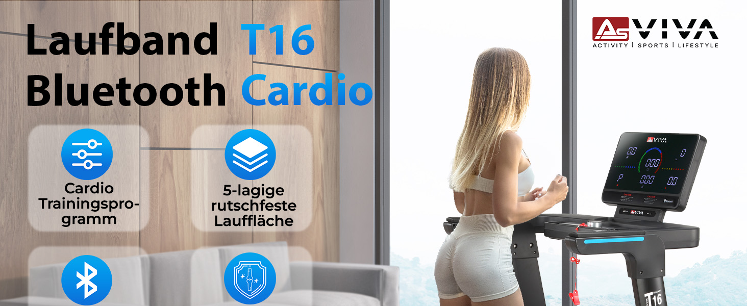Біговий тренажер AsVIVA T16 Profi: 18 км/год, 4 PS, 18% нахил, складний, Bluetooth, до 150 кг, для кардіотренувань вдома