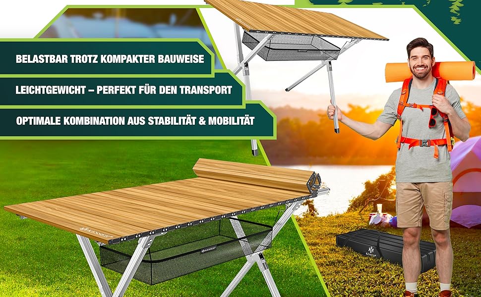 Кемпінговий стіл KESSER® розкладний, з алюмінієвим каркасом, регулювання висоти, 120x70 см, до 100 кг, з сумкою та сітчастою кишенею, з імітацією дерева (145x70 см)