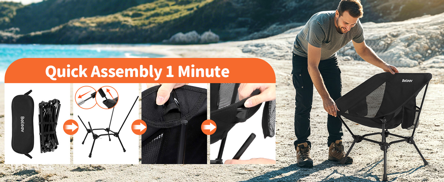 Зручний складаний стул для кемпінгу BeLeEv з 2 кишенями, легкий та компактний, для відпочинку на природі, риболовлі, фестивалів, трекінгу та пляжу