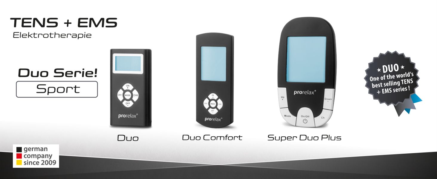 Prorelax TENS/EMS Duo Comfort Blackline: електростимулятор для м'язів та зняття болю | 2 терапії в одному пристрої, великий дисплей