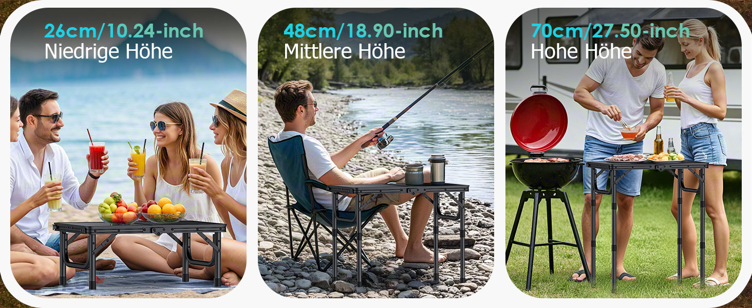 VINTEAM Стіл для пікніка та кемпінгу, регульована висота, складаний, 58x40 см