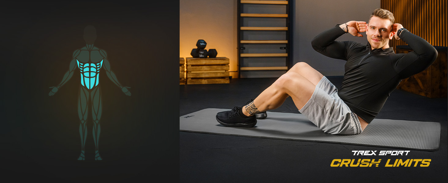 TREX SPORT Килимок для гімнастики та фітнесу | Товстий та м'який, 190x80x1 см, з ручкою для перенесення, неслизький, сірий | Килимок для йоги