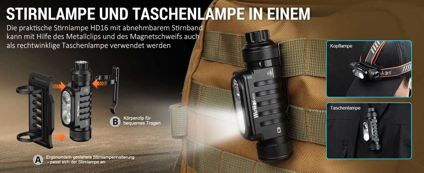 Wurkkos HD16: Потужна налобний ліхтар з регулюванням яскравості, 2500 люменів, USB-C, червоне світло, водонепроникний, для бігу, походів, кемпінгу